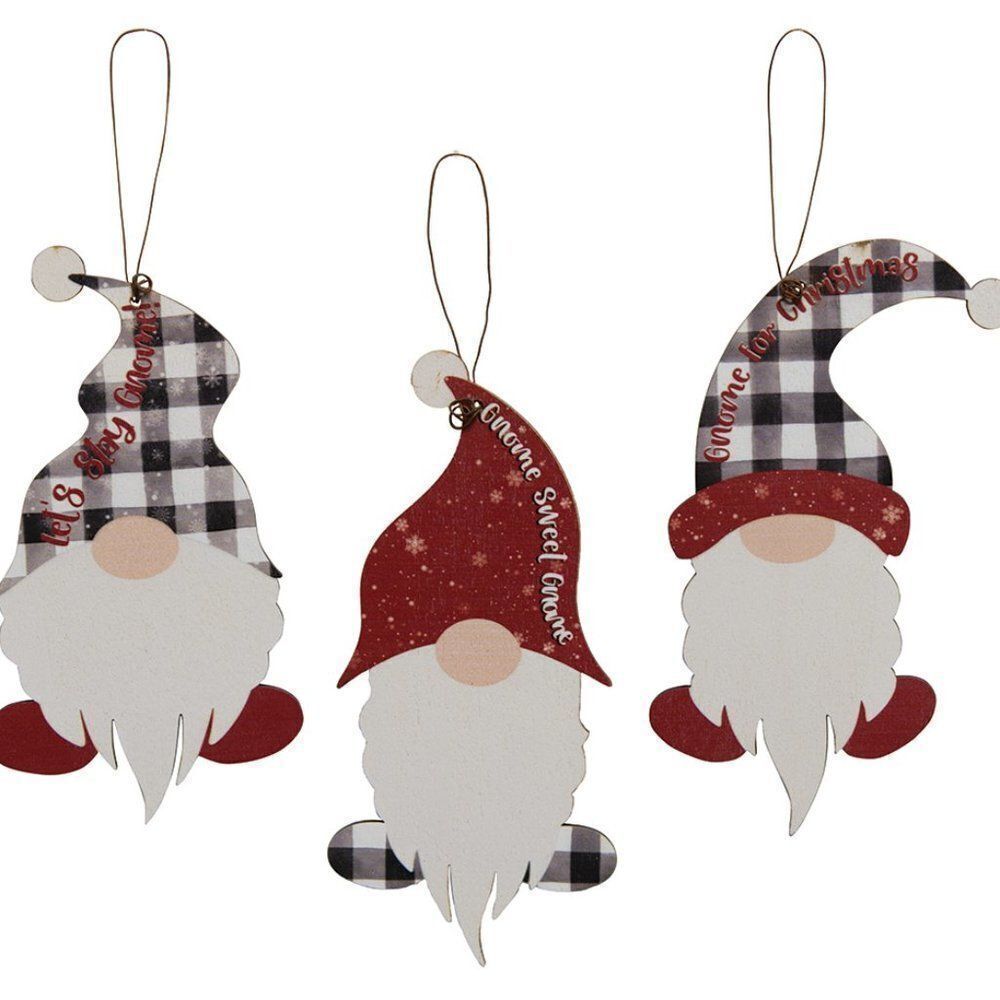 Christmas Gnome Set of Three Tree Ornaments Buffalo Plaid Checked Holiday